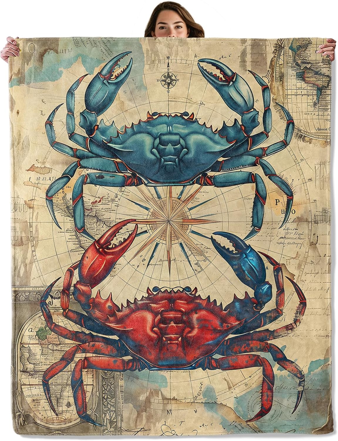 Luxury Lifestyle Travel - Giant Crab Vintage Nautical Map Blanket